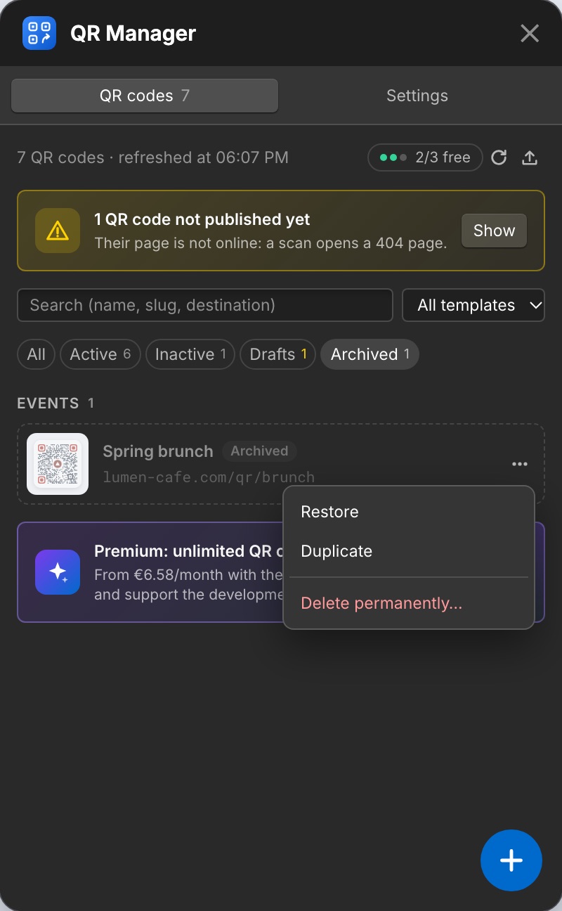 An archived code and its menu: Restore, Duplicate, Delete permanently.
