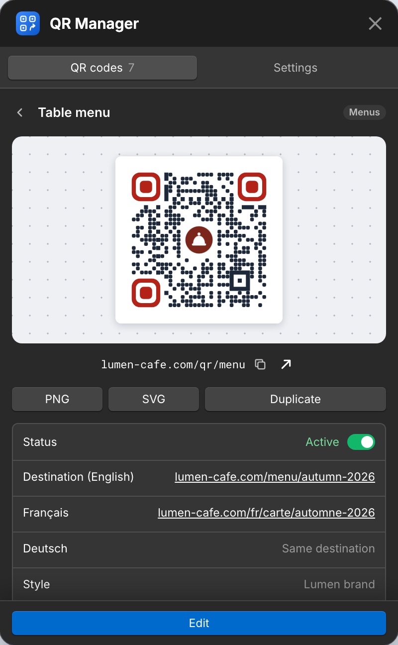 The page of a QR code: the code, its address, downloads and details.