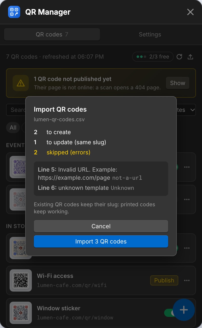 The CSV import summary.