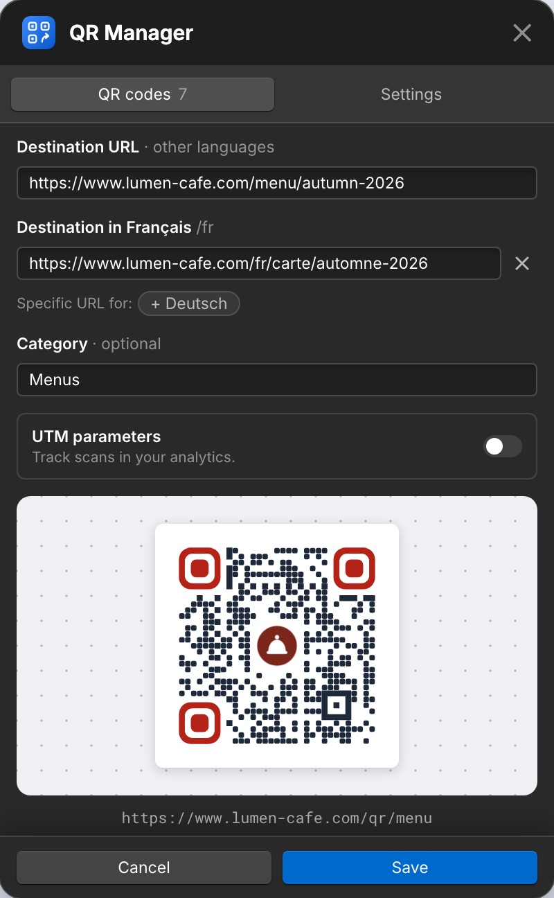 A main destination and a specific URL for one language.