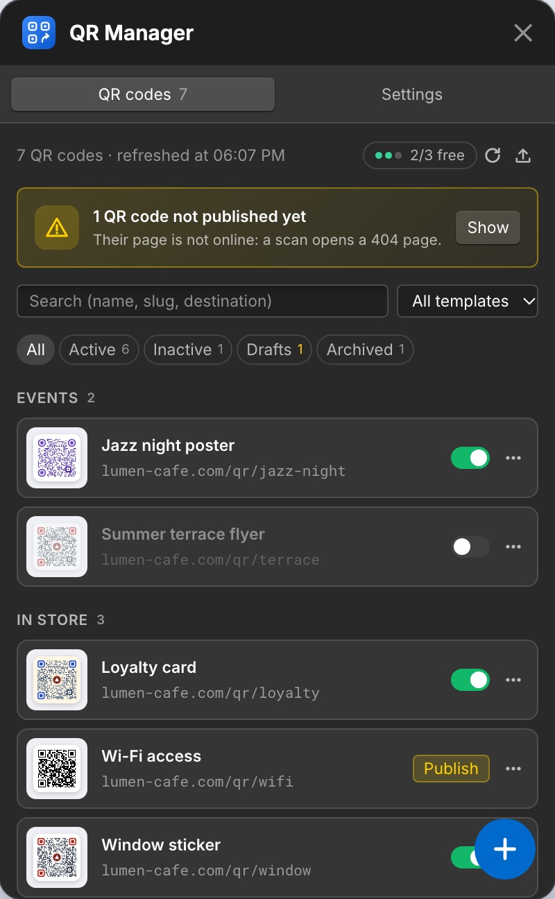 The QR codes list grouped by category, with a code not published yet.