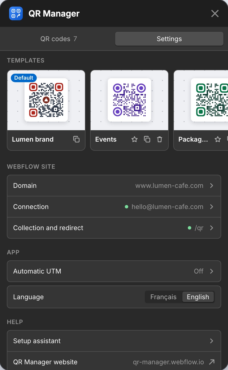 Settings: the templates of the site.