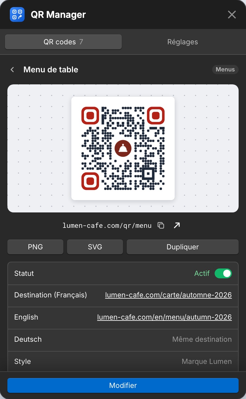 La fiche d'un QR code : le code, son adresse, les téléchargements et les détails.