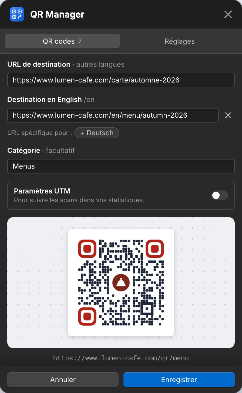 Une destination principale et une URL spécifique pour une langue.