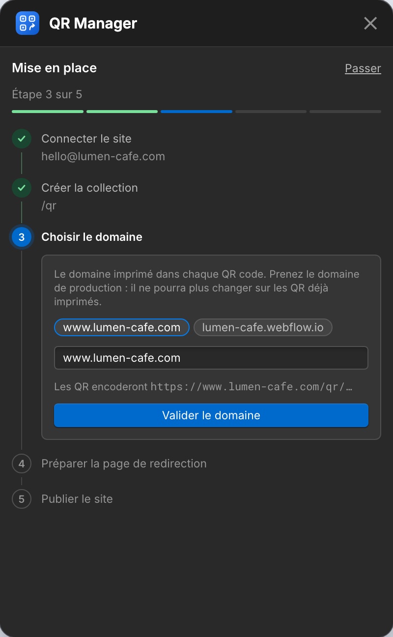 L'assistant de mise en place, étape 3 sur 5 : choix du domaine.