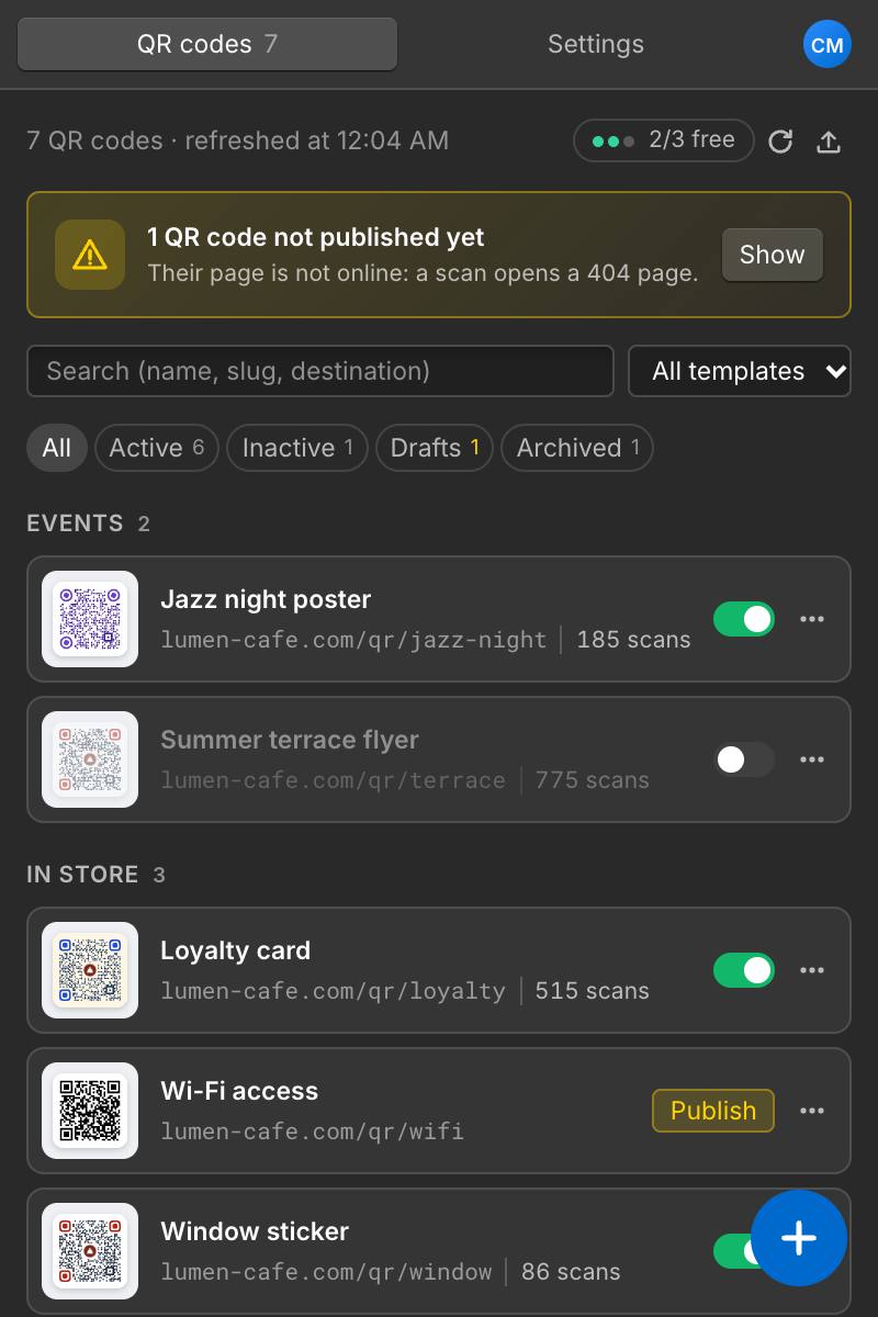 A QR code on a site in three languages, with a specific URL for French.