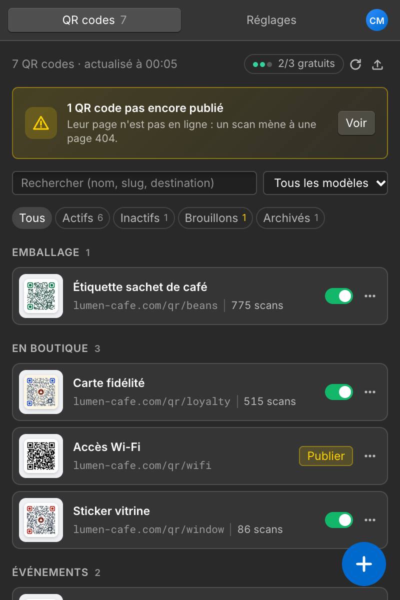 Le récapitulatif d'import CSV : deux codes à créer, un à mettre à jour et deux lignes en erreur.